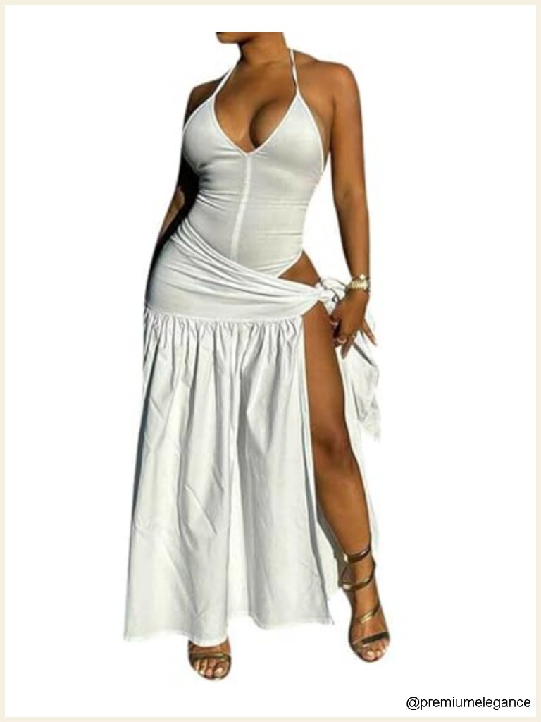 2 Piece Sexy Maxi Skirt Set Halter Backless Top Wrap Skirt Beach Vacation Outfit